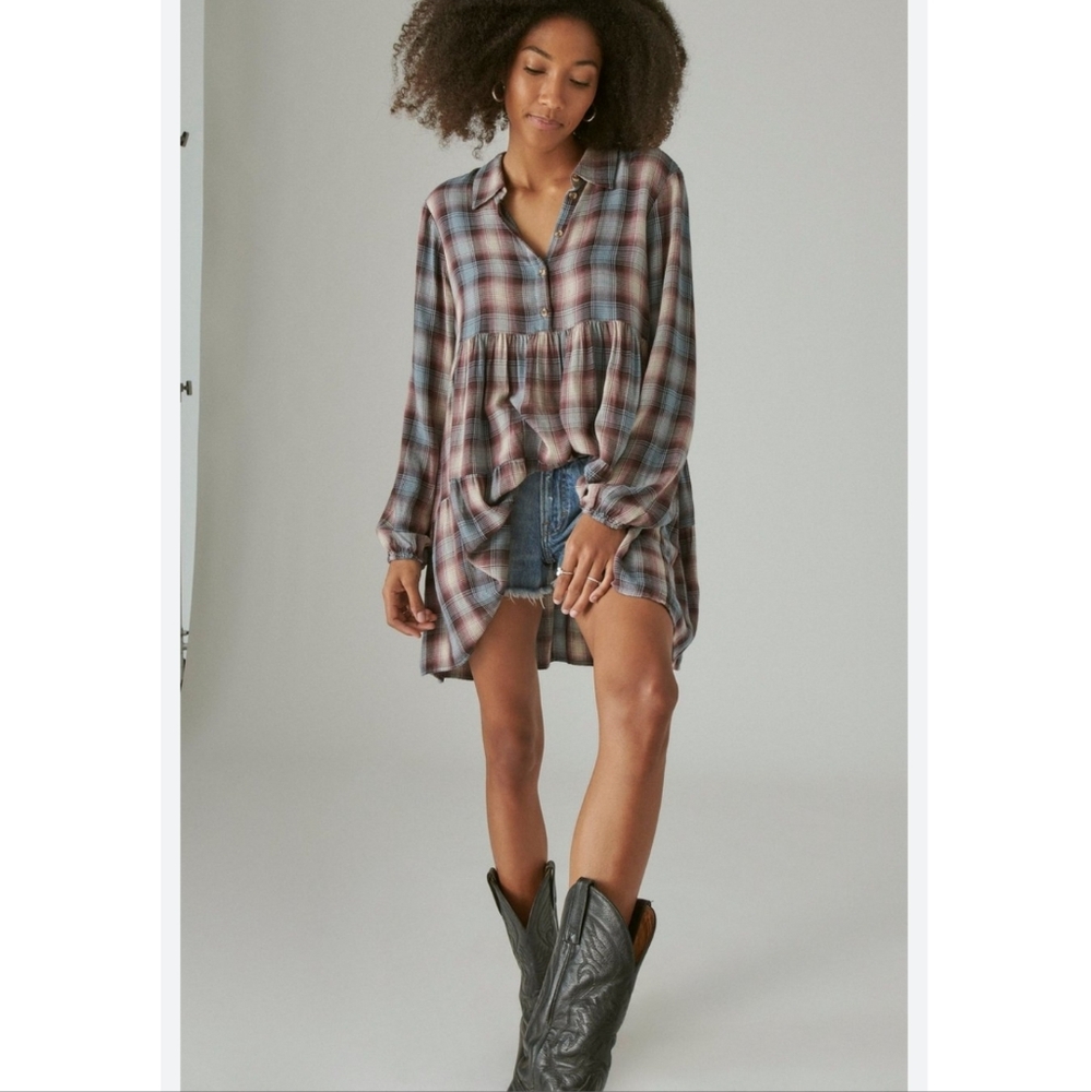 NWT Lucky Brand Women's Button Tunic, Indigo Plaid